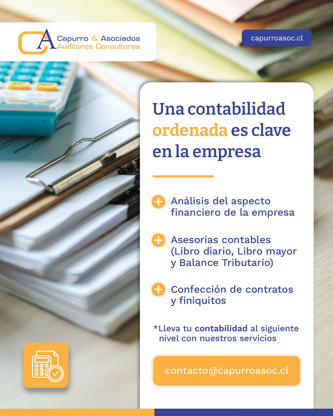 Infografía que trata sobre las claves para una buena contabilidad. Análisis, asesoría y confección de contratos.